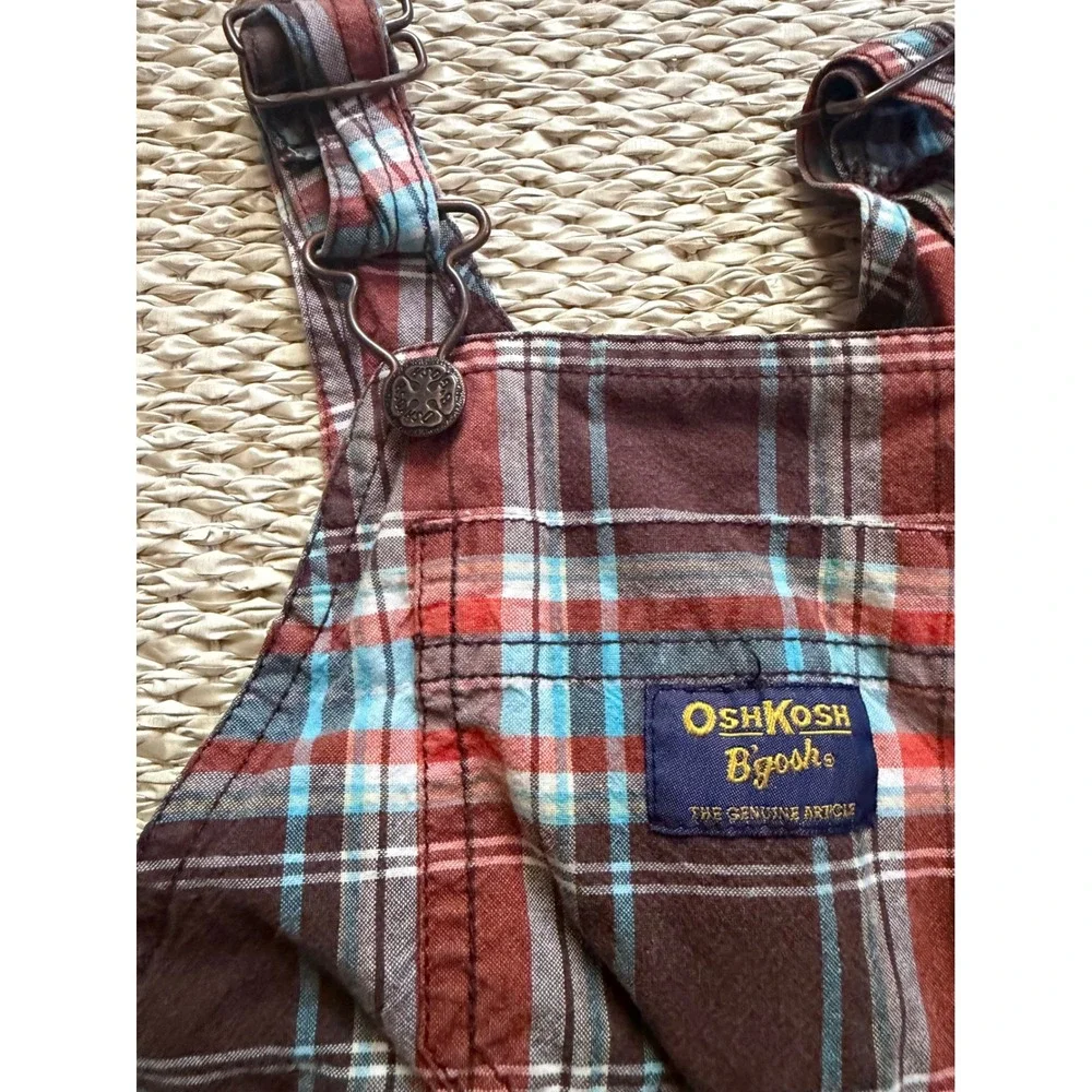 OshKosh Bgosh Plaid Cargo Shortall Overalls Brown Red Blue 24 Months